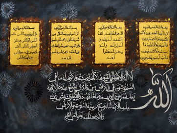 Ayatul Kursi and Four Quls black and gold Islamic calligraphy painting with Allah lettering
