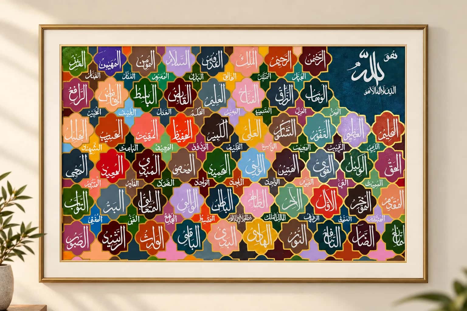 Close view of 99 Names of Allah calligraphy in jewel-tone geometric medallions with white and gold Arabic lettering
