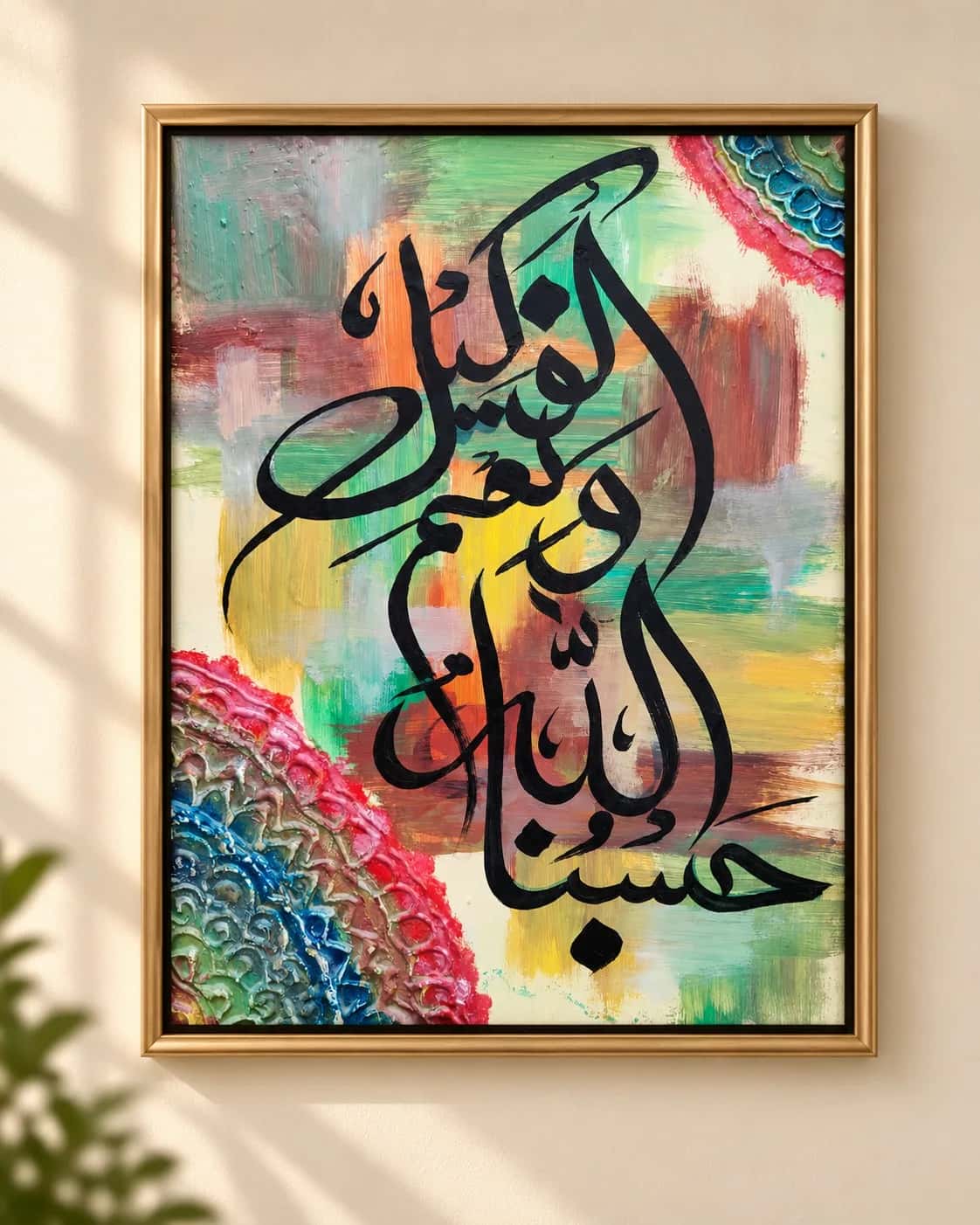 Afawwid Amri Ilallah black Arabic calligraphy over a colorful abstract background with textured mandala details