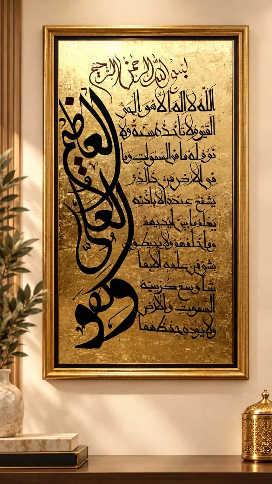 Ayatul Kursi black calligraphy on a textured gold background with a maroon Basmala