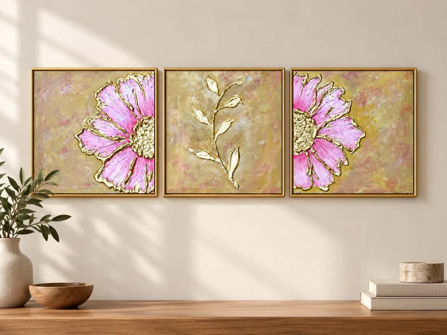 Pink and gold floral triptych with two blush blooms and botanical details across three handmade canvas panels