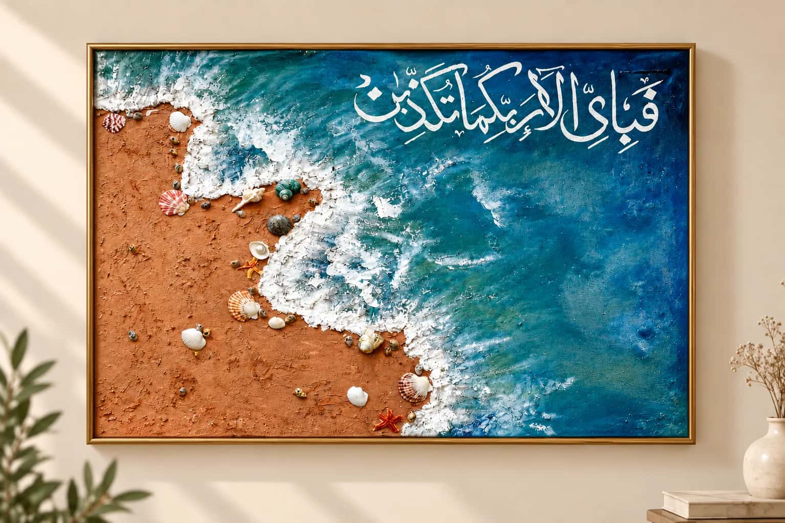 Fabi Ayyi Ala Islamic ocean wall art with Quranic calligraphy, textured blue waves, sandy shore and seashell details