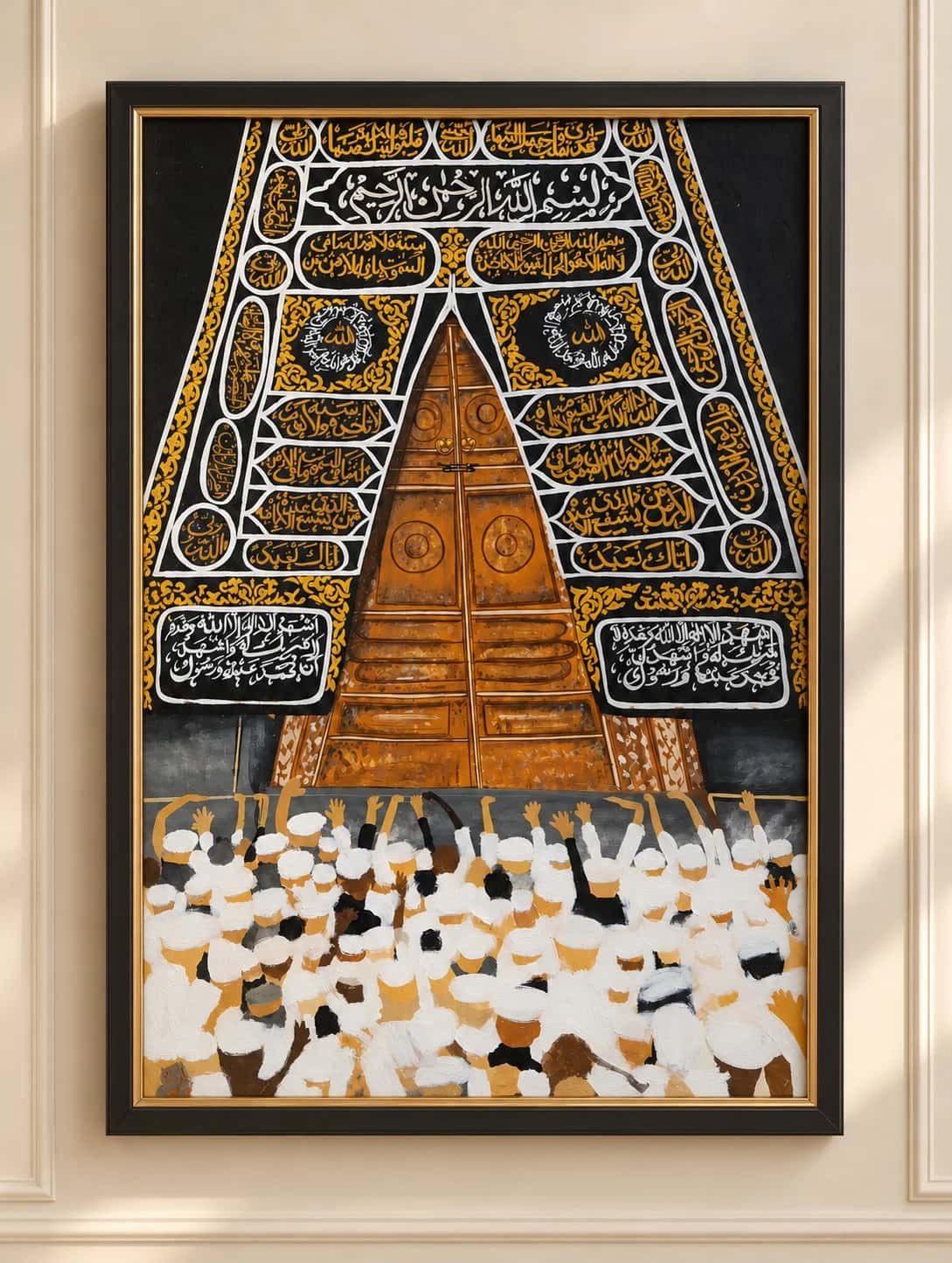 Earth-tone painting of the Kaaba door with gold Kiswah calligraphy and a crowd of pilgrims below