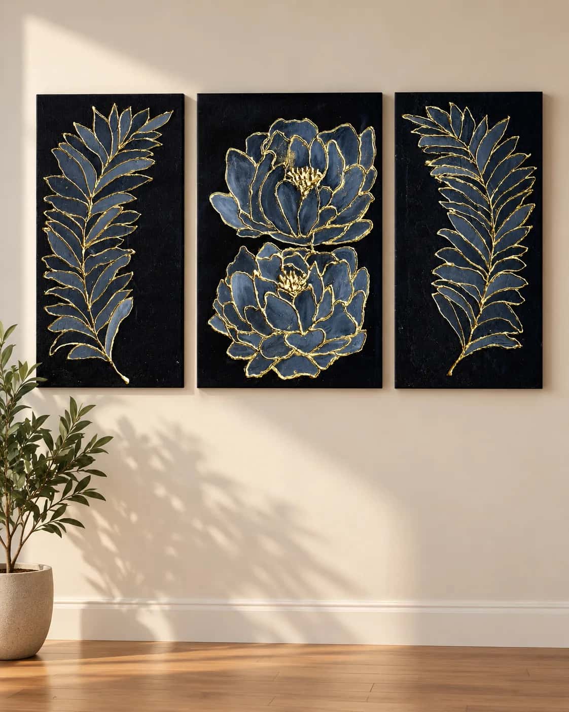 Black and gold peony floral canvas painting with blue-grey flowers and symmetrical botanical leaves