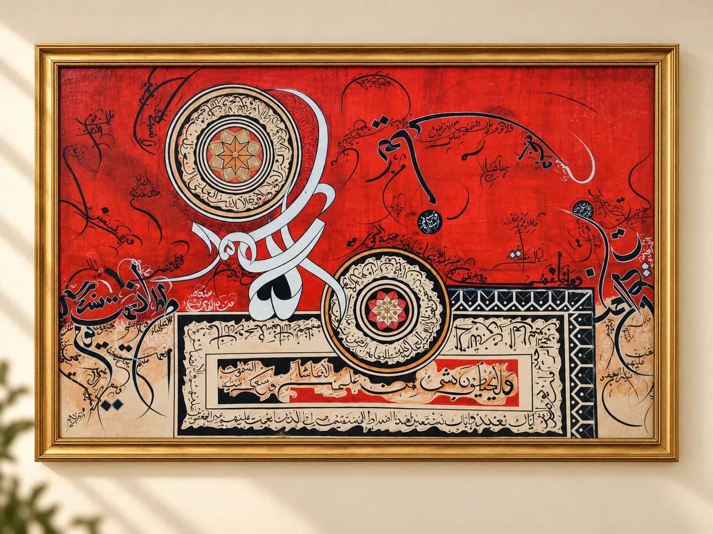 Red Muhammad and Surah Al-Fatiha Islamic calligraphy canvas with ornamental geometric medallions