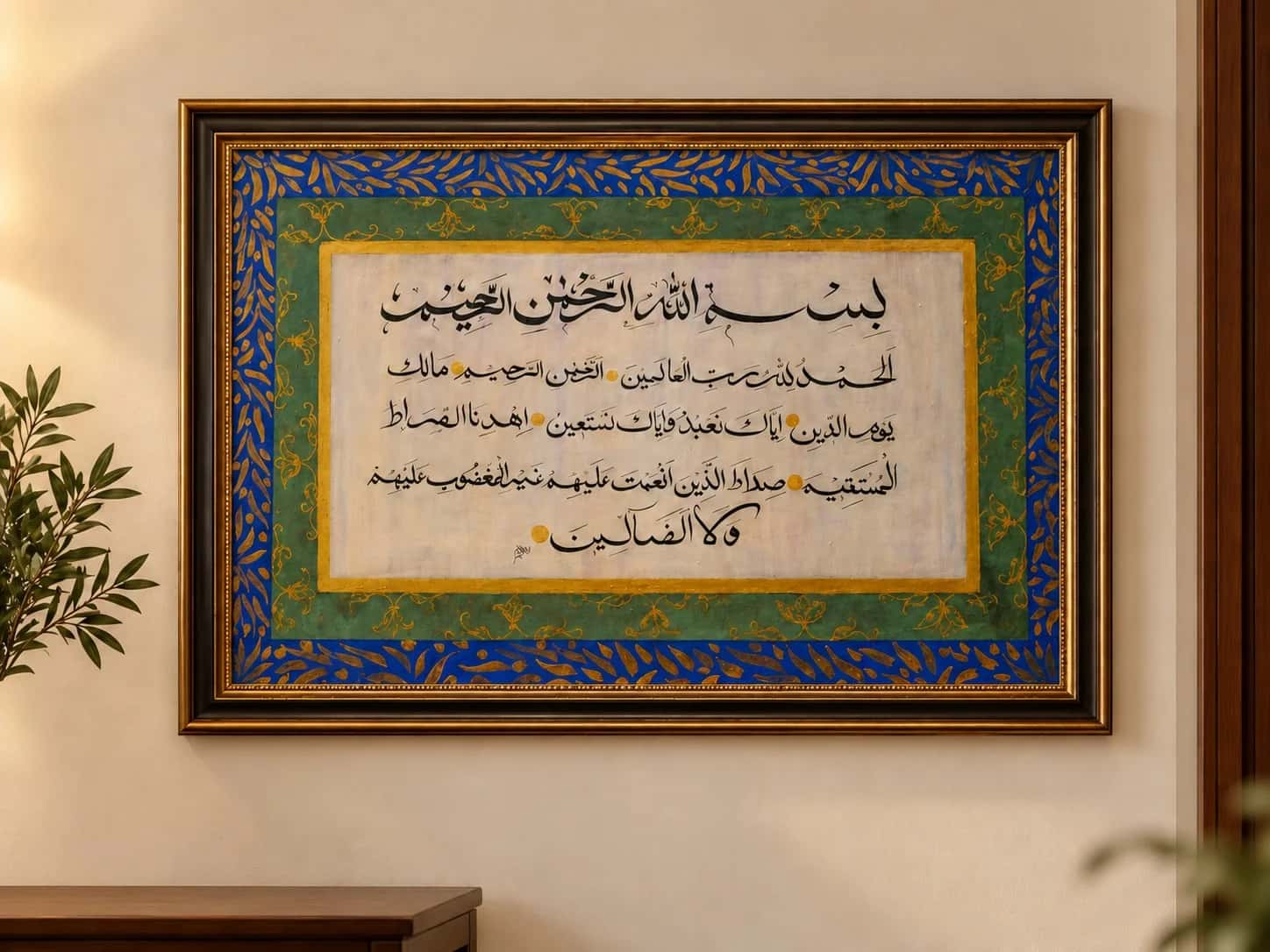 Surah Al-Fatiha in black script on ivory with an illuminated blue, green and gold border